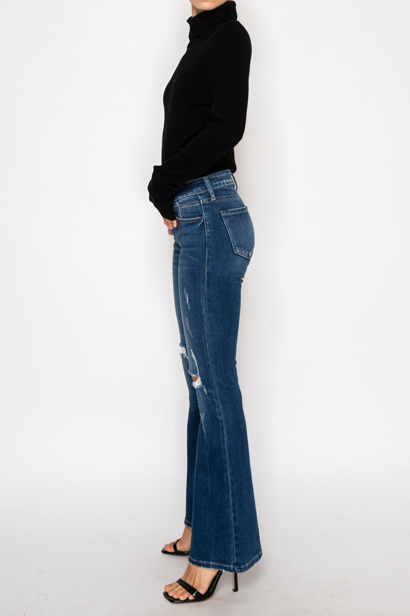 Artemis Vintage Margaret low-rise vintage flare jeans in dark-wash stretch denim with knee distressing.