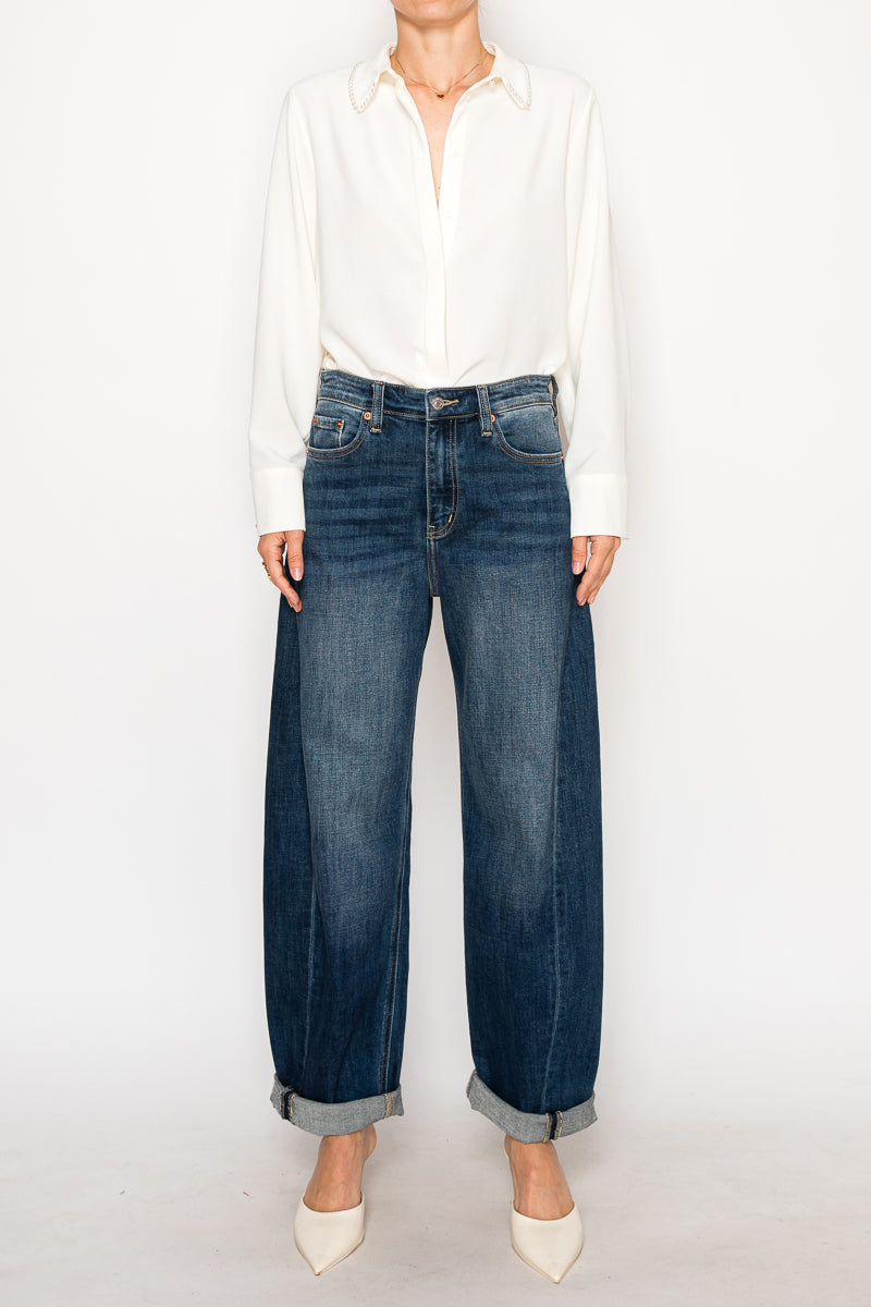 Artemis Vintage dark stone-wash high-rise barrel jeans with a relaxed tapered leg and cuffed hem; product view 5.