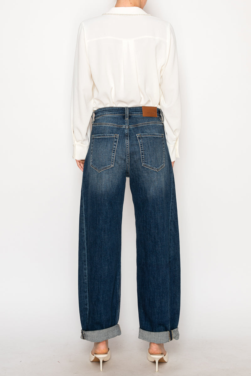 Artemis Vintage dark stone-wash high-rise barrel jeans with a relaxed tapered leg and cuffed hem; product view 7.