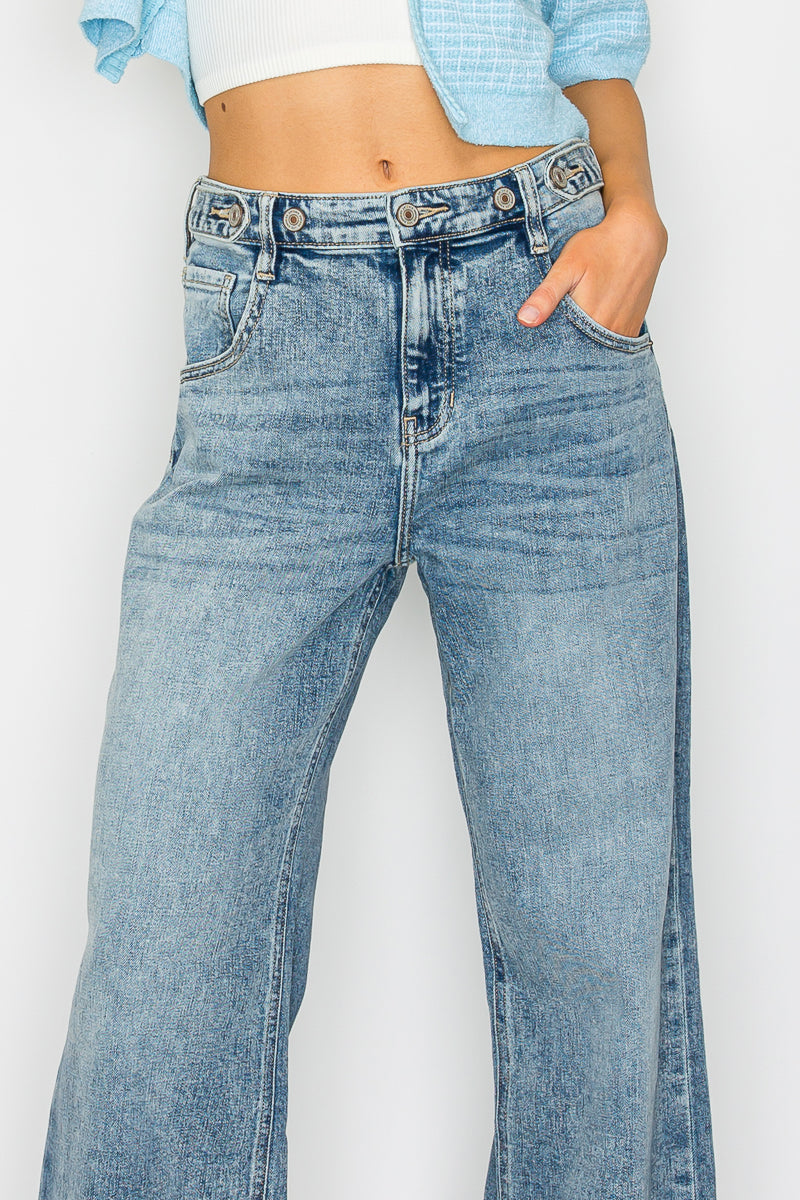 Adjustable Waistband High Rise Baggy Wide Jeans