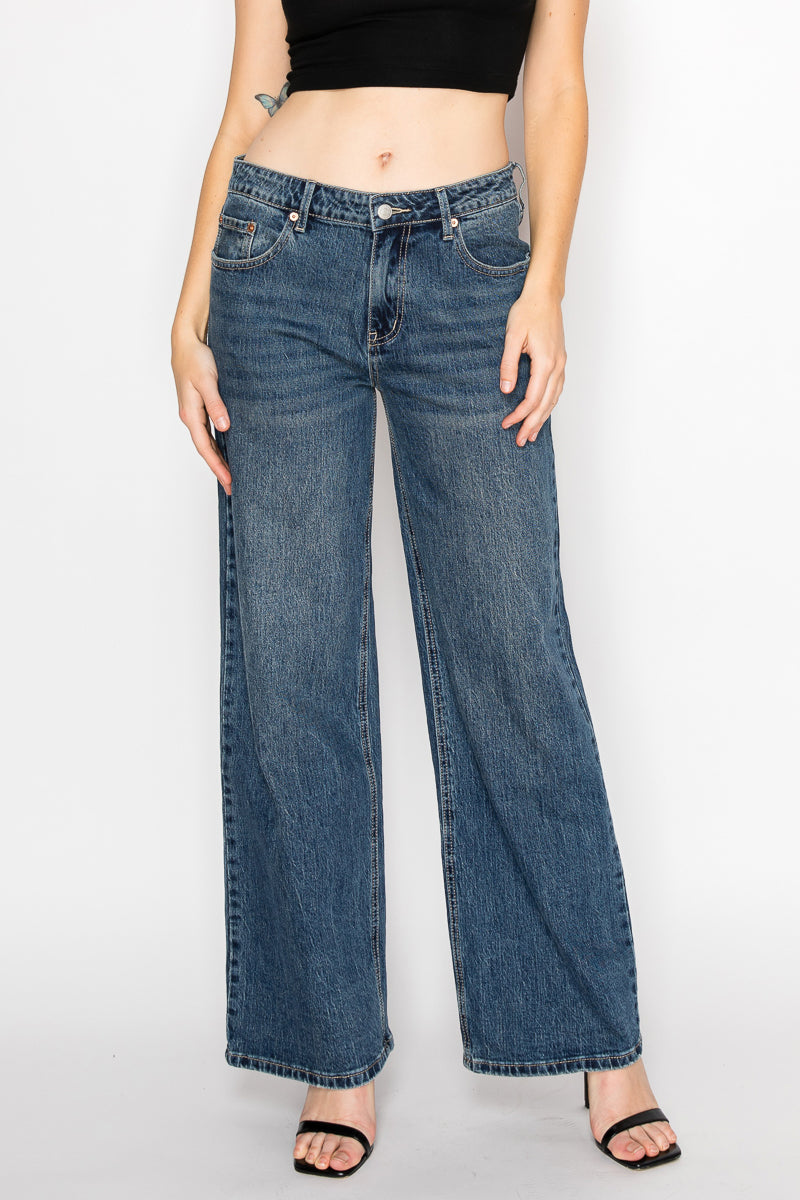 Double Snap On Waistband Layered Ultra High Rise Wide Jeans
