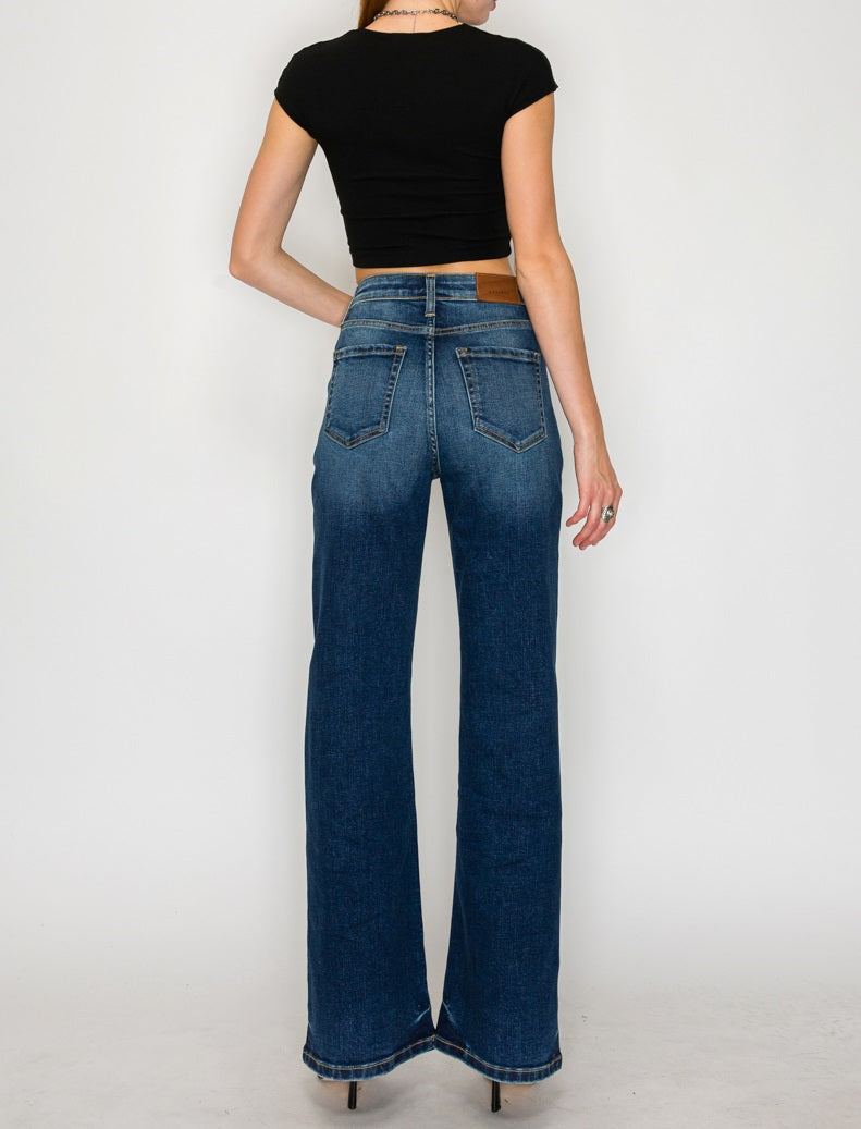 Artemis Vintage Leilani high-rise tummy-control Holly flare jeans in dark-wash stretch denim.