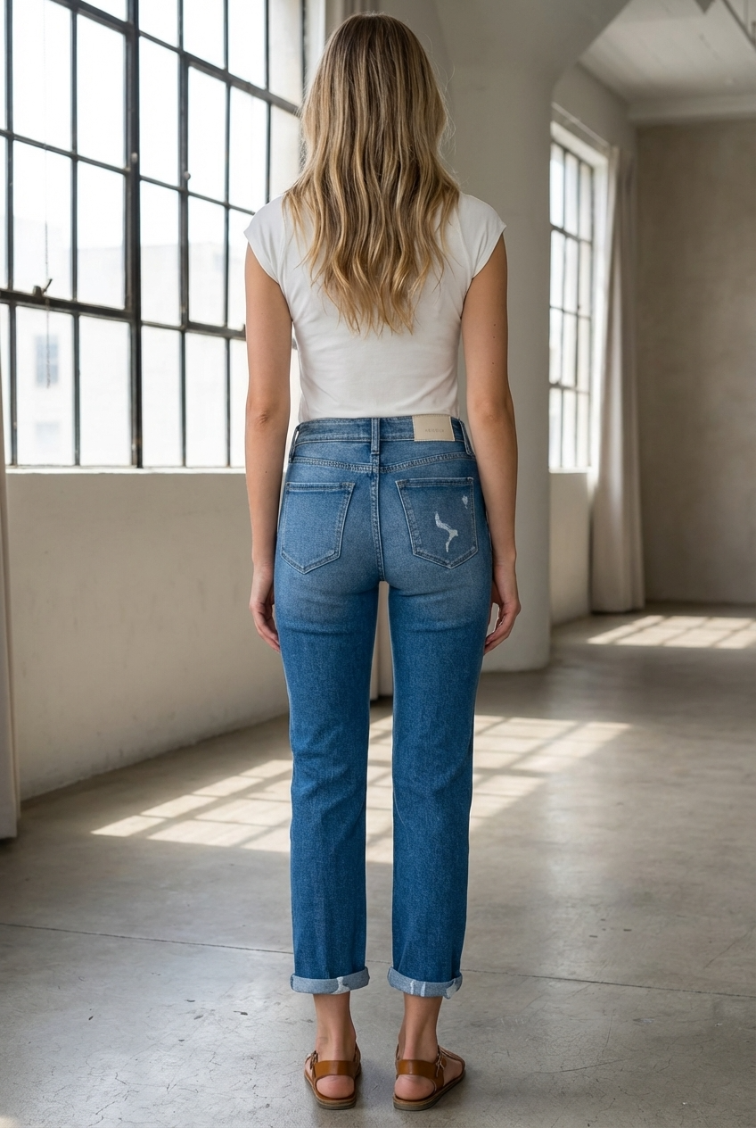 Alexa high-rise tapered mom jeans with distressed details and a convertible cuff by Artemis Vintage; product view 9.