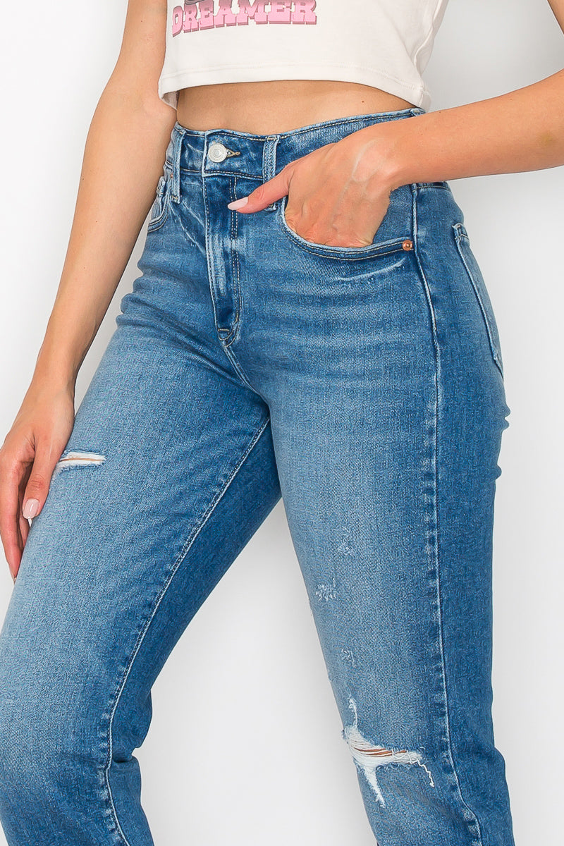 Alexa high-rise tapered mom jeans with distressed details and a convertible cuff by Artemis Vintage; product view 6.