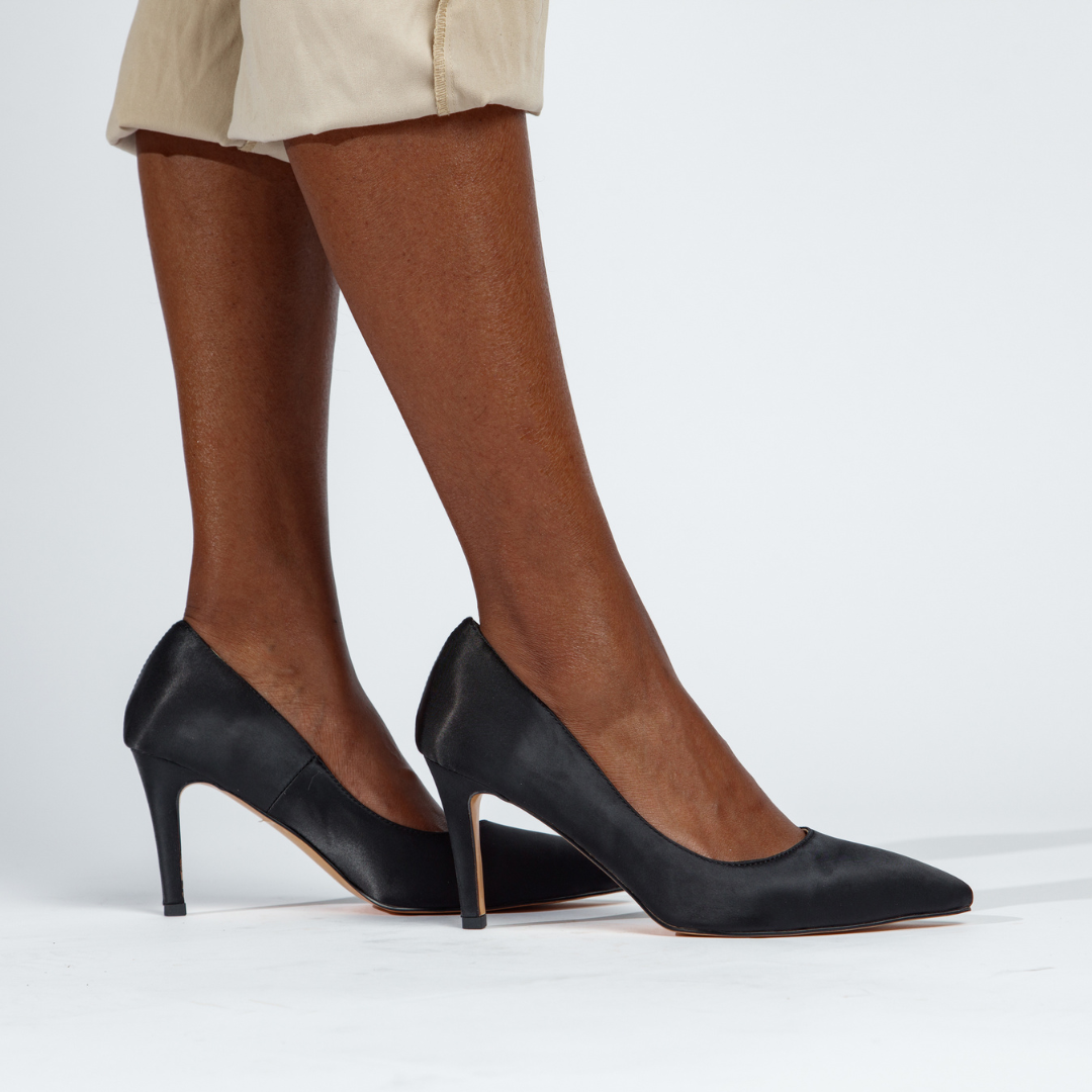 CAPRI Black Reflective Satin Pumps