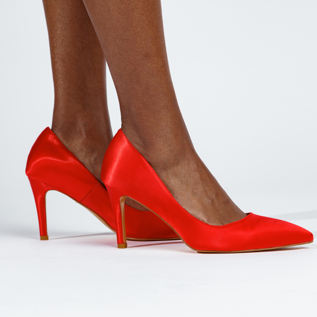 Vaila Capri Red Satin Stiletto Pumps, product view 4.