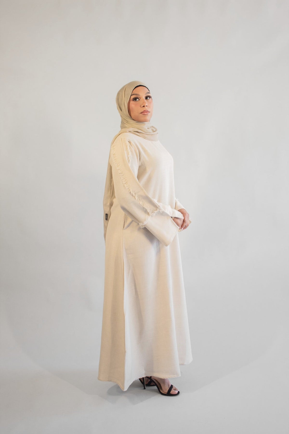 Aisha Linen-Blend Fringe Abaya — Beige, product view 2.