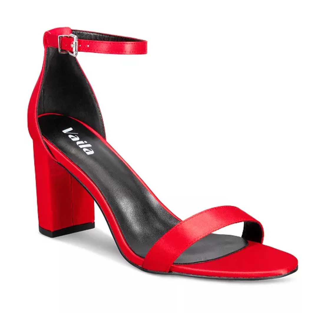 ZOE Red Satin Block-Heel Sandals