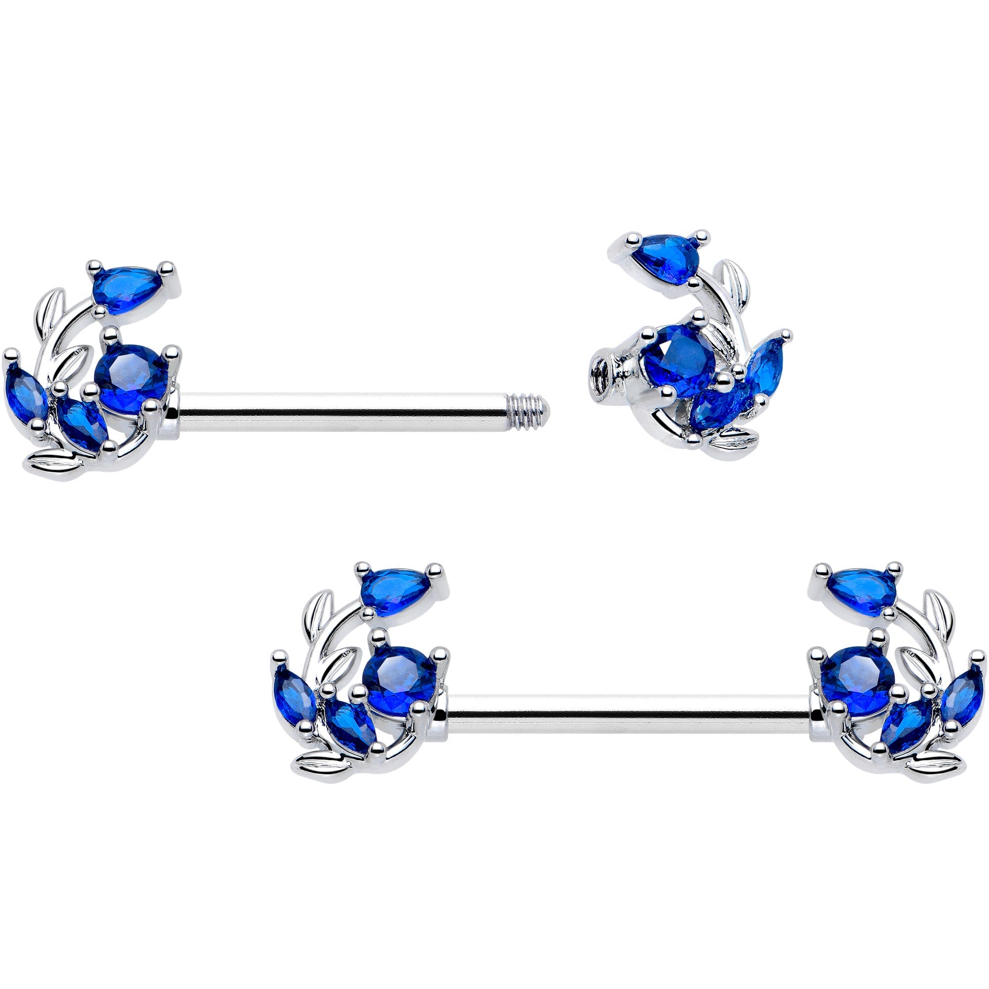 Set de dos piercings para pezón con diseño de vid retorcida, gema azul, 14G y 9/16