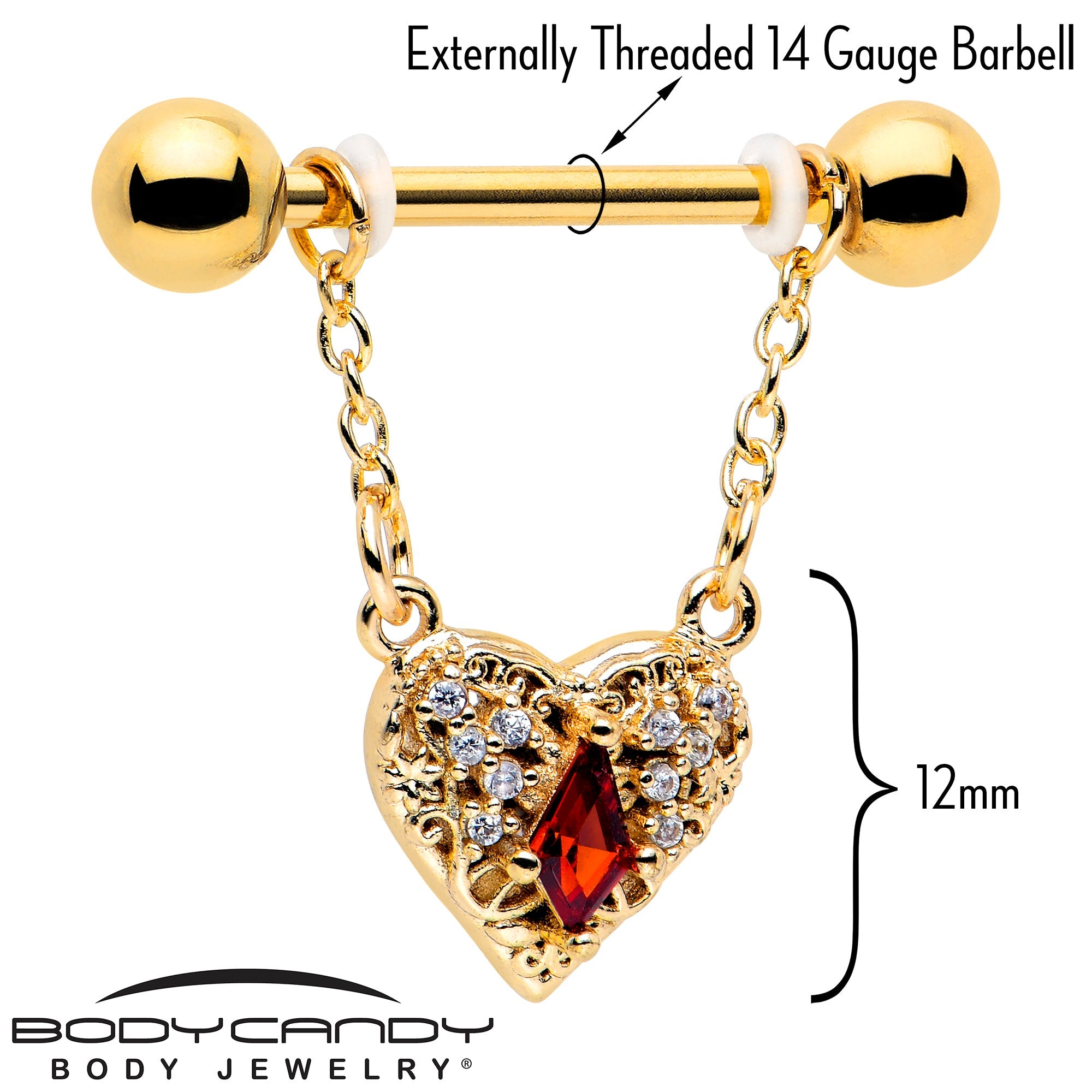 Lot de 2 piercings de mamelon en forme de cœur et de couronne dorés avec zircone cubique rouge 14G 9/16