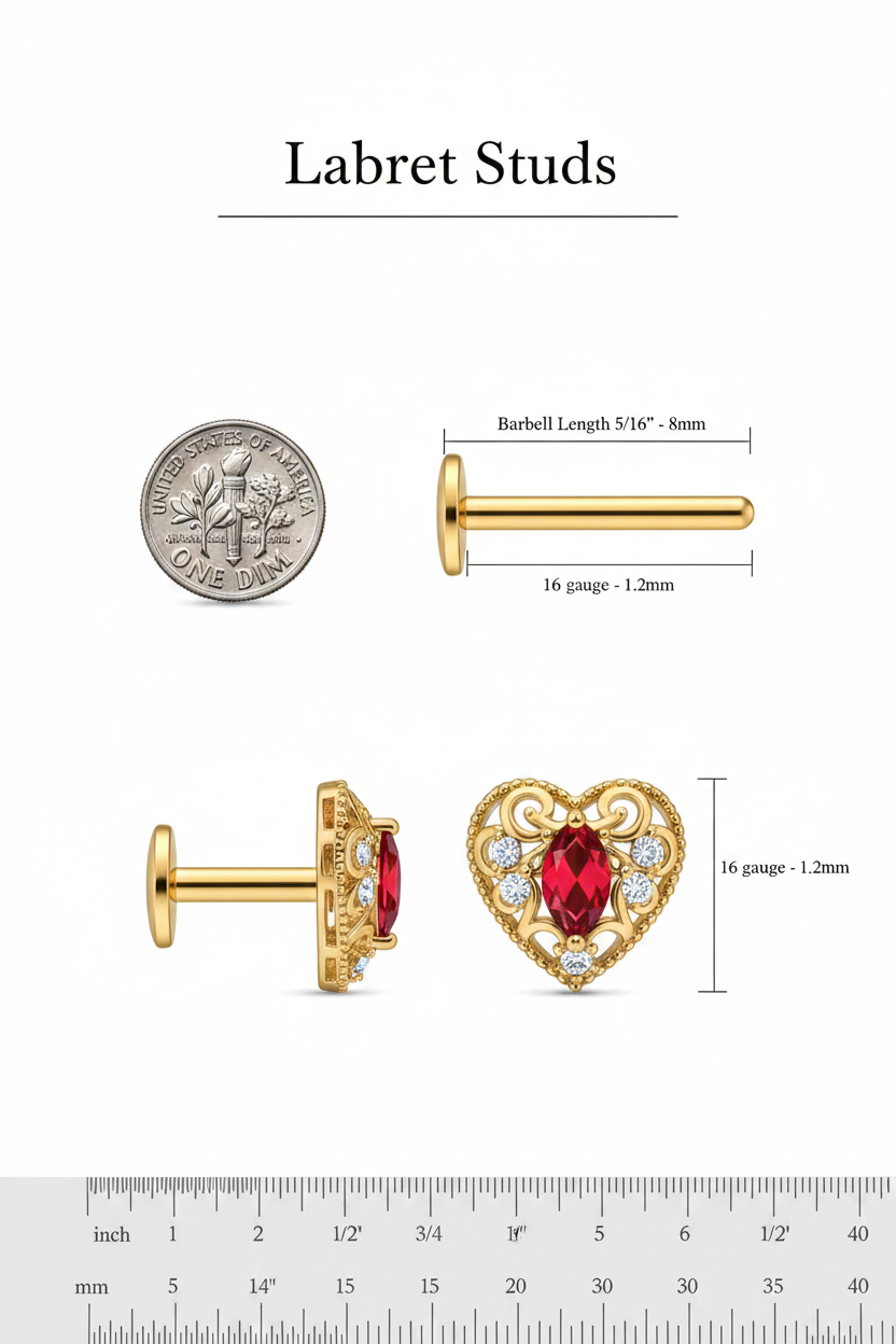 16G 5/16 Red CZ Gem Gold Tone Heart Queen Flatback Stud