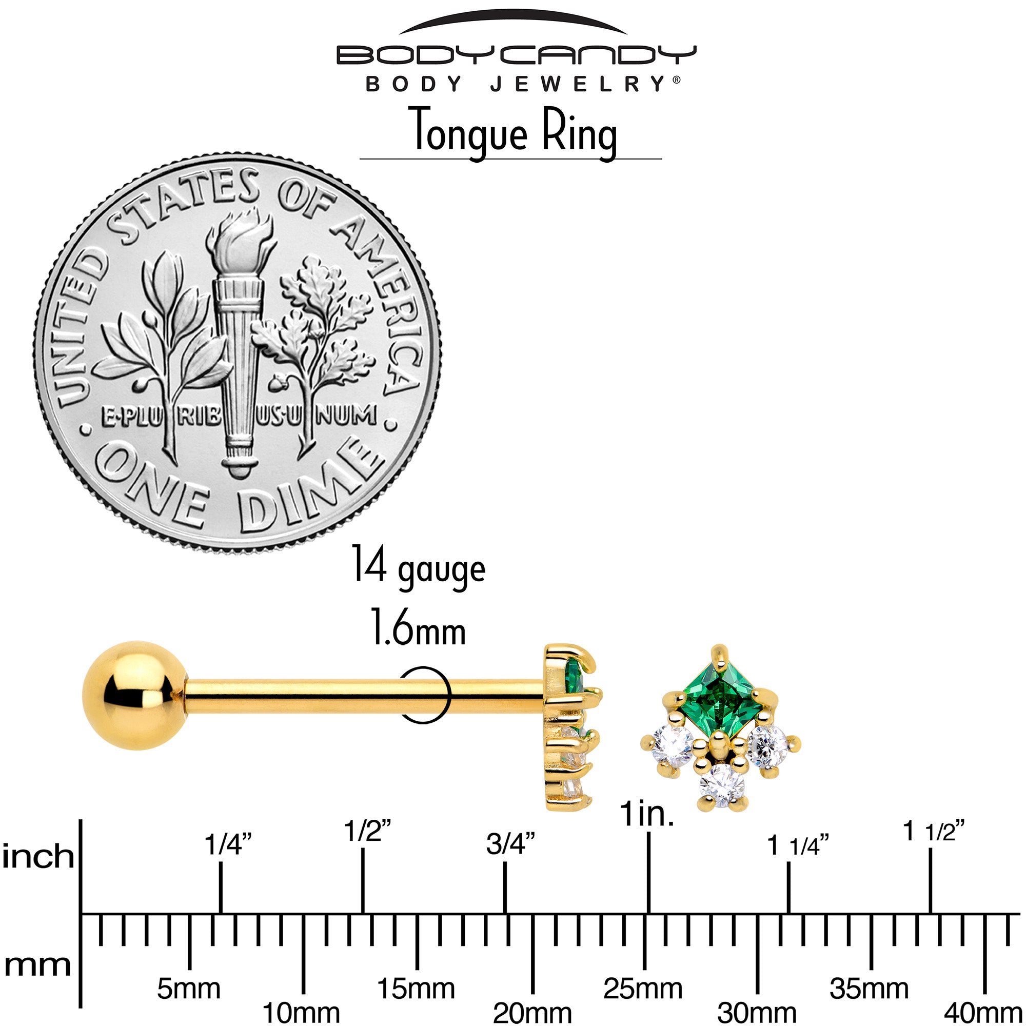 Piercing de langue haltère losange ton doré CZ vert Riot