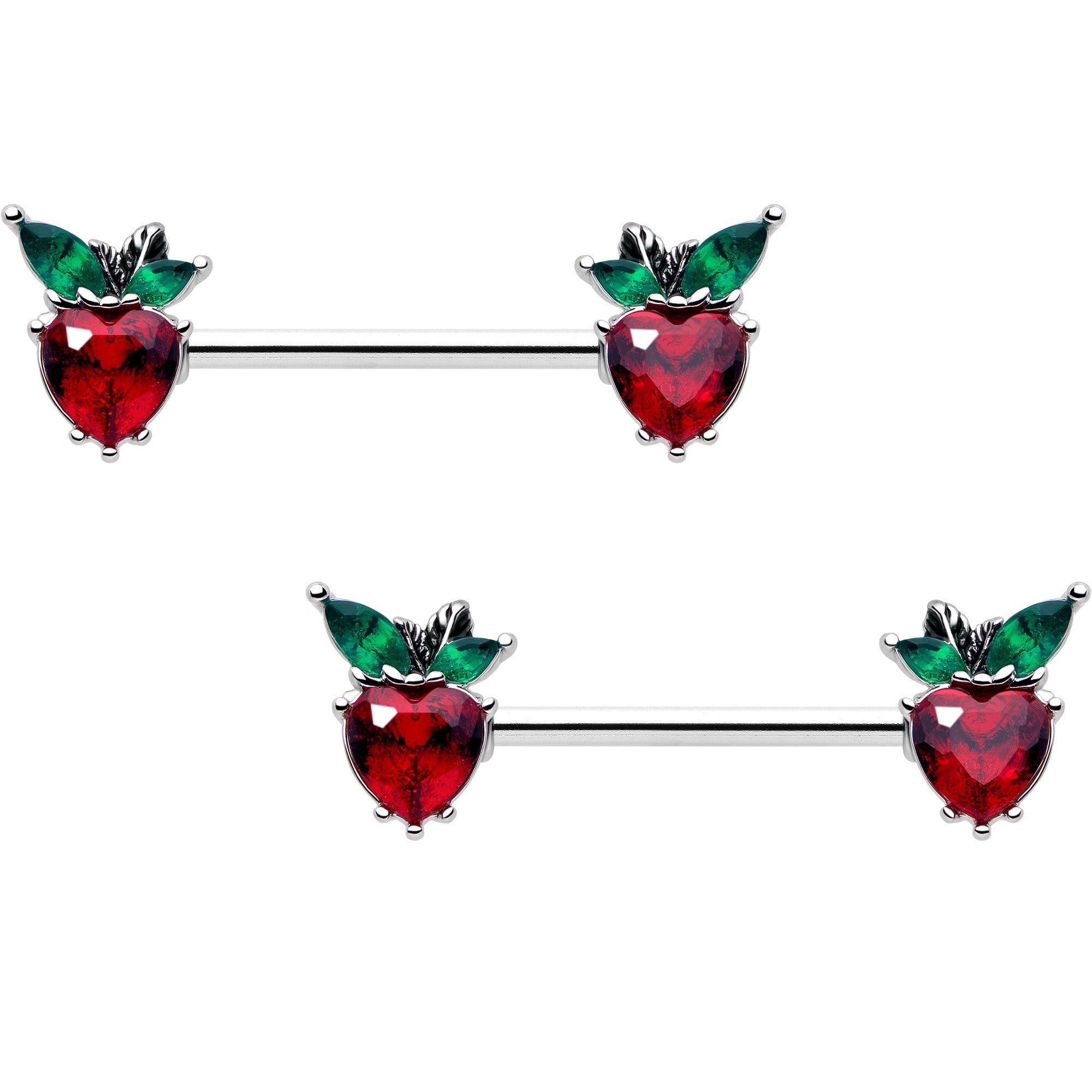 Juego de piercings para pezón con barra en forma de corazón y fresa, de 14G y 9/16, con gemas rojas y verdes