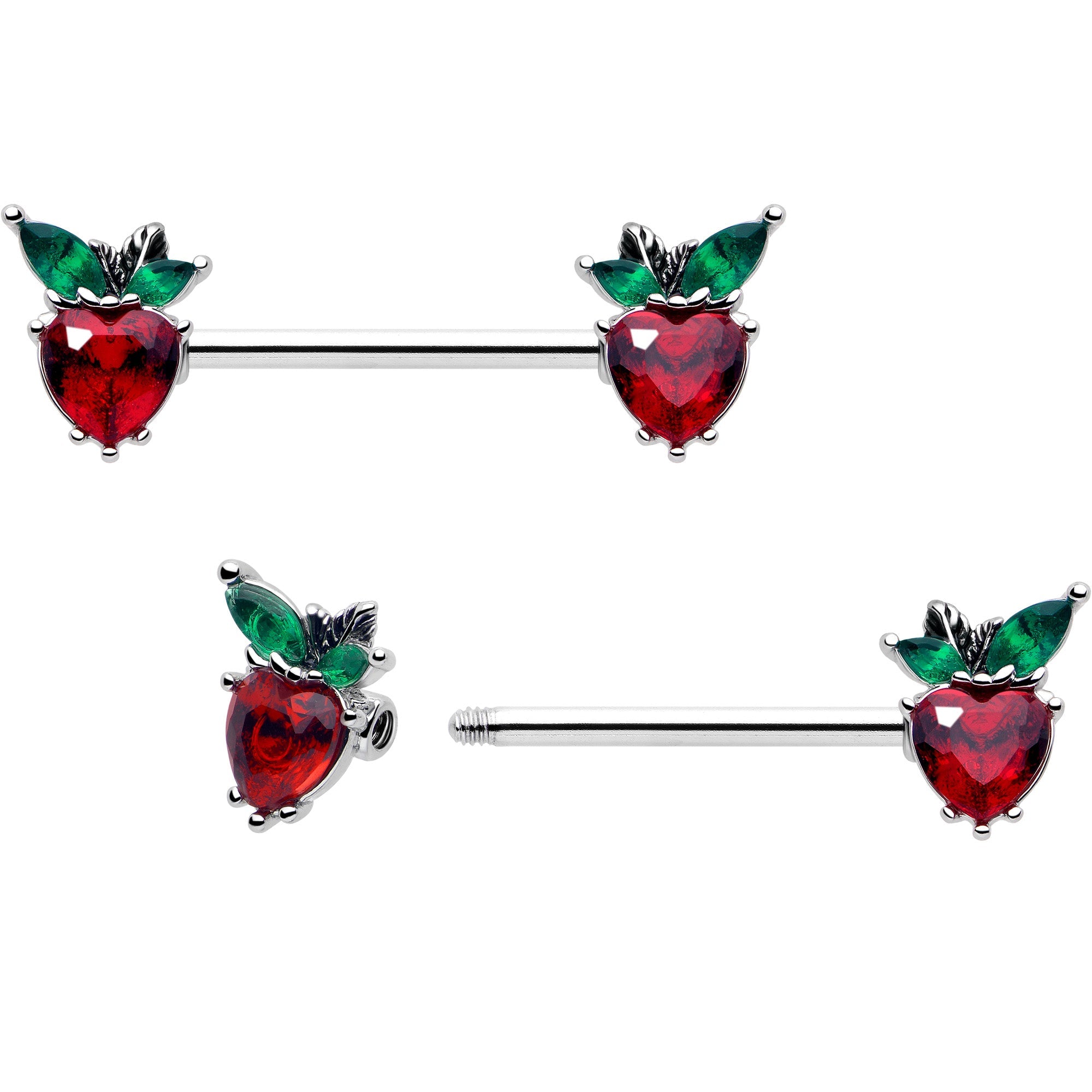 Juego de piercings para pezón con barra en forma de corazón y fresa, de 14G y 9/16, con gemas rojas y verdes
