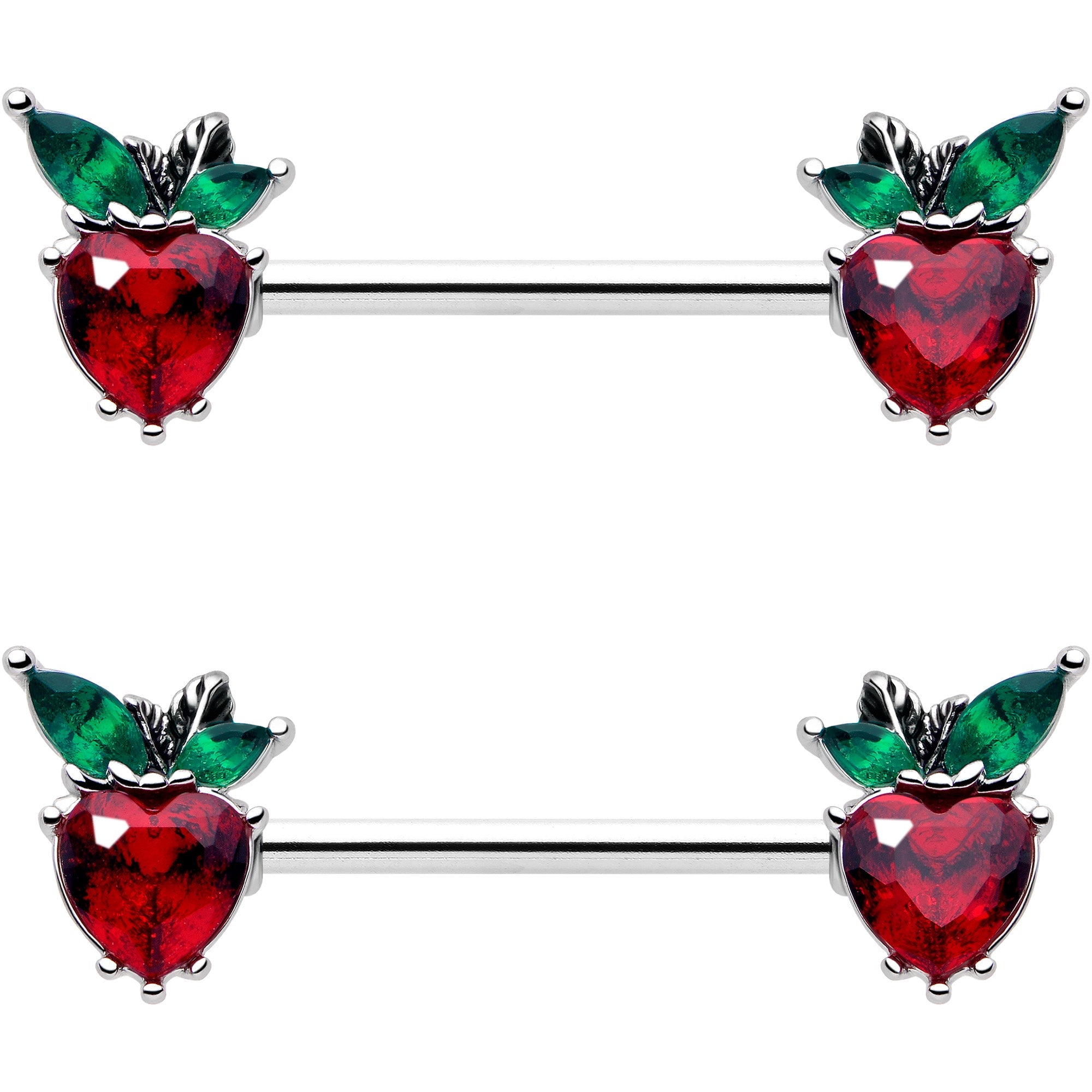 Juego de piercings para pezón con barra en forma de corazón y fresa, de 14G y 9/16, con gemas rojas y verdes