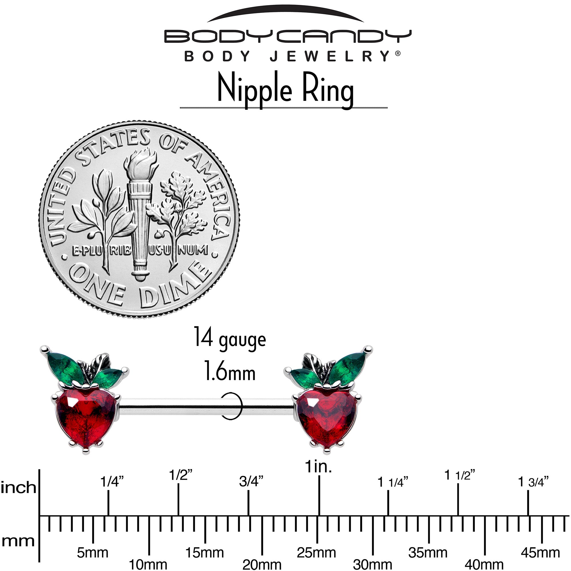 Lot de 2 piercings de mamelon en forme de cœur fraise avec gemme rouge et verte, calibre 14G, longueur 9/16