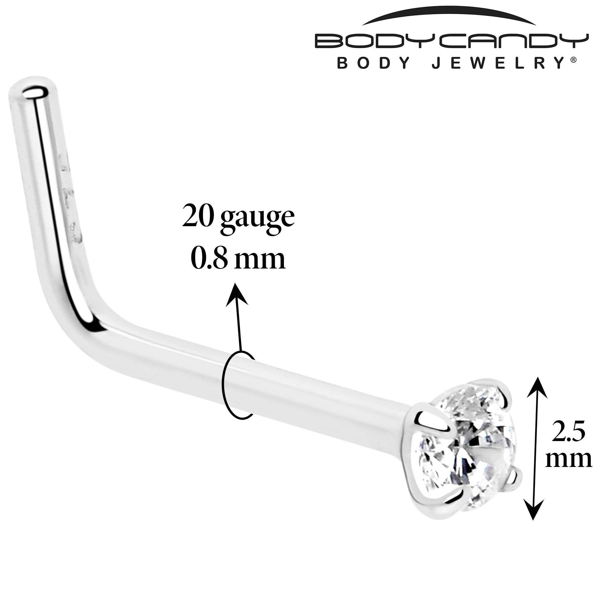 Bague de nez en forme de L en argent sterling 925 plaqué or 20G avec zircone cubique de 2 mm