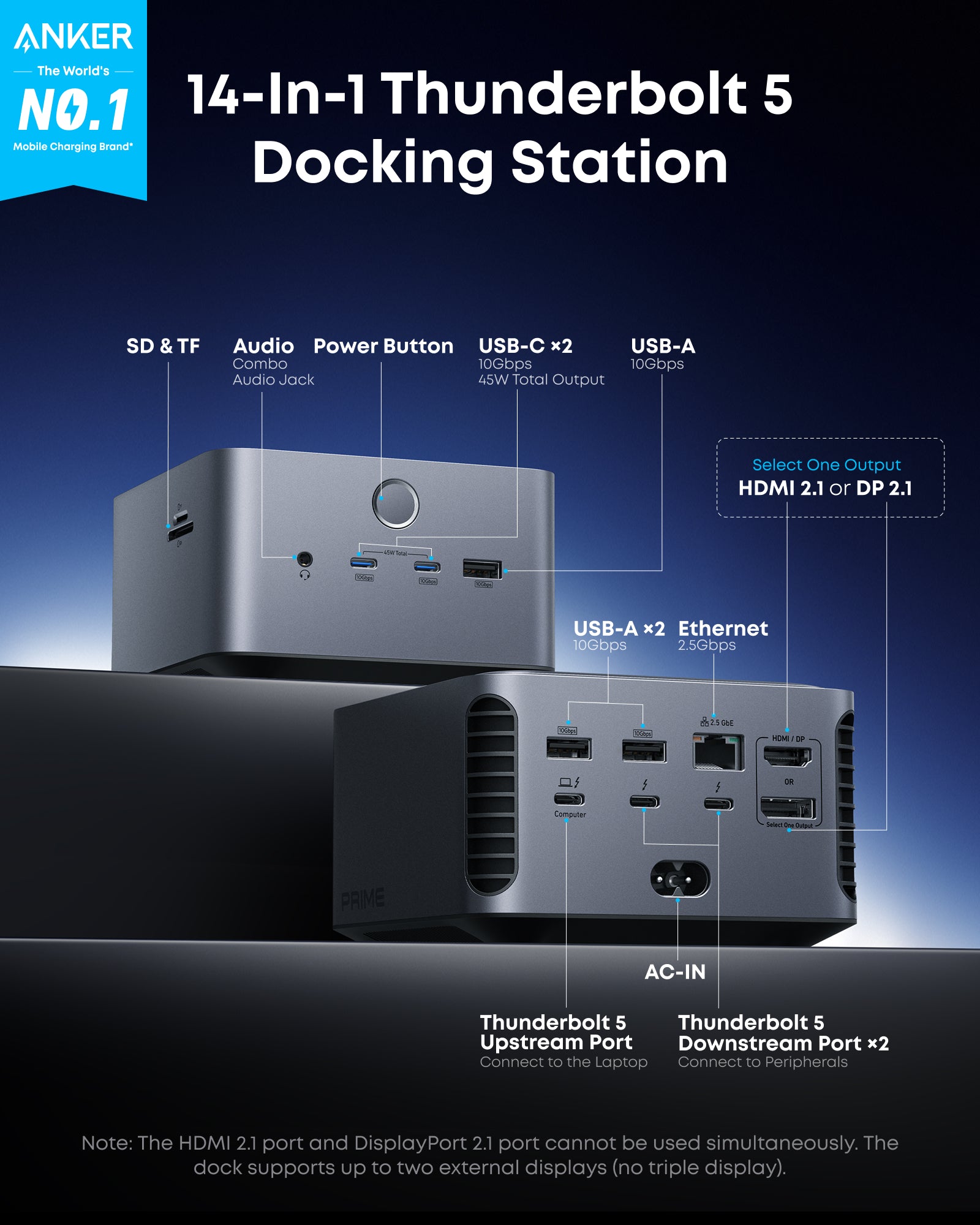 Station d'accueil Anker Prime TB5 (14-en-1, 8K, Thunderbolt 5)