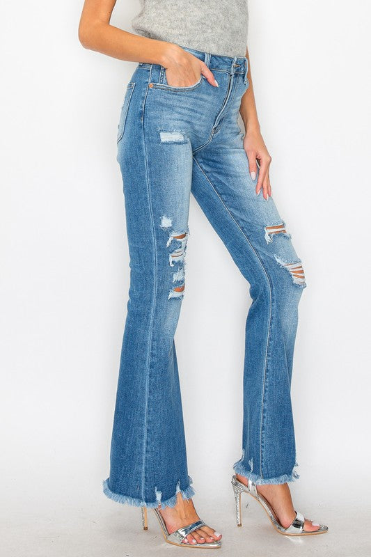 Stellar medium stone-wash high-rise flare jeans with distressed frayed hems and star embroidery on the back yoke; product view 3.