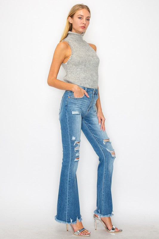 Stellar medium stone-wash high-rise flare jeans with distressed frayed hems and star embroidery on the back yoke; product view 6.