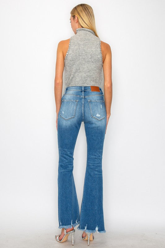 Stellar medium stone-wash high-rise flare jeans with distressed frayed hems and star embroidery on the back yoke; product view 7.