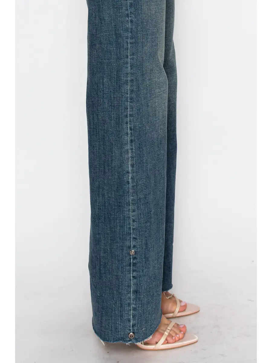 Jeans de mujer Elise de tiro alto con efecto control de abdomen, puños y pierna ancha