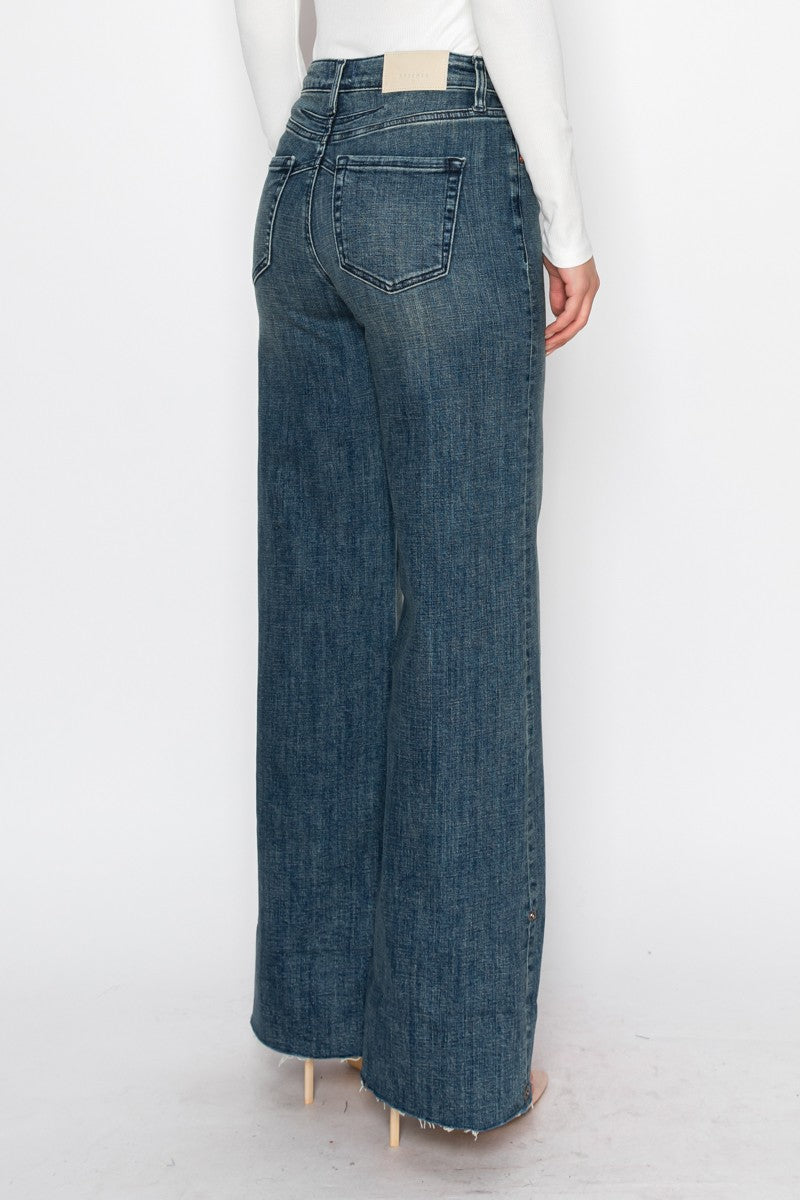 Jeans de mujer Elise de tiro alto con efecto control de abdomen, puños y pierna ancha