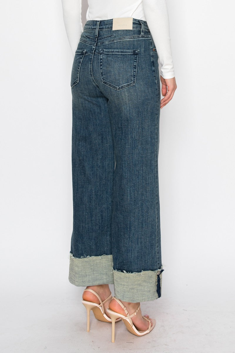 Jeans de mujer Elise de tiro alto con efecto control de abdomen, puños y pierna ancha