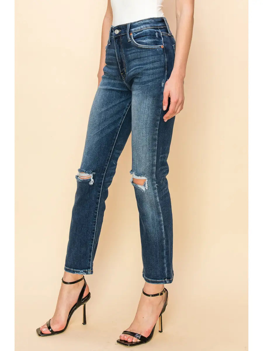 High Rise Stretch Distressed Ankle Straight Jeans – Dark Stone Wash