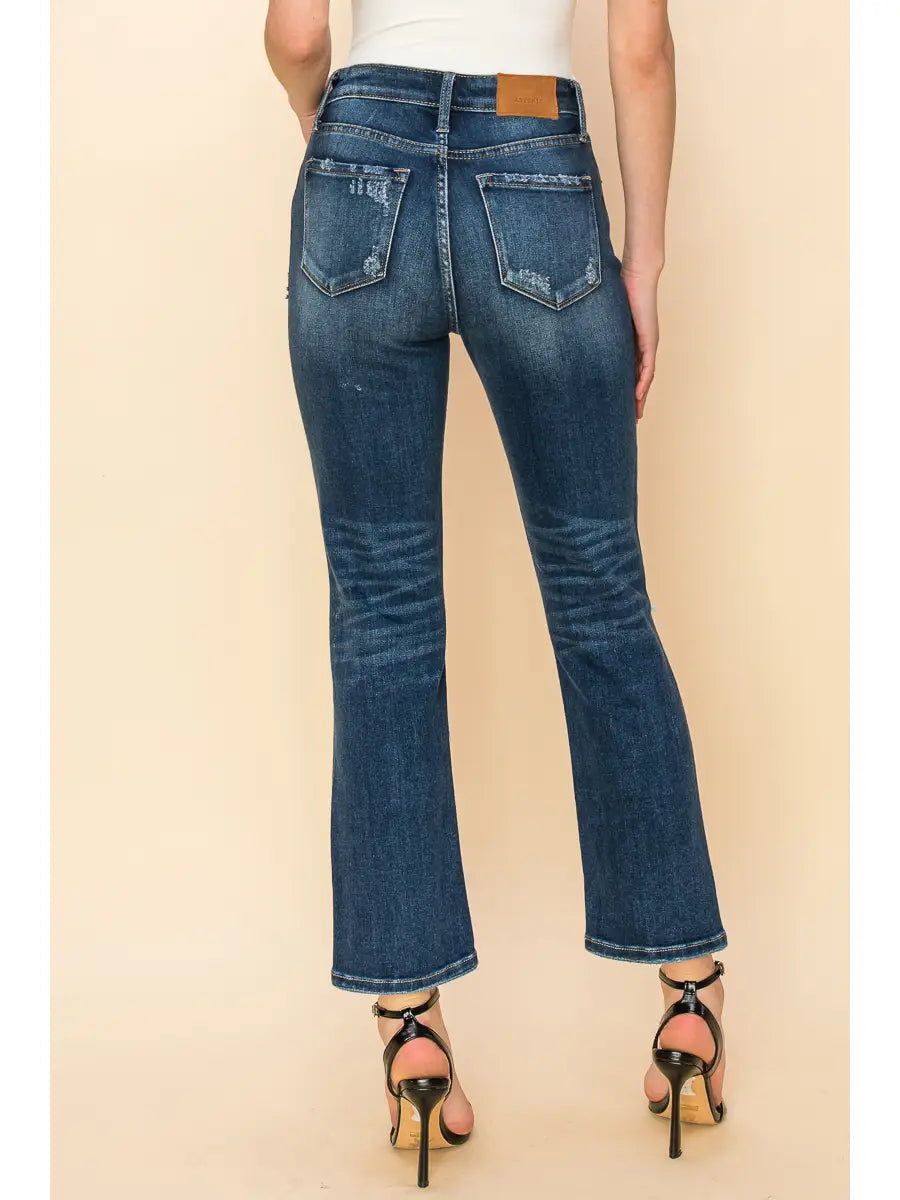 High Rise Stretch Distressed Ankle Straight Jeans – Dark Stone Wash