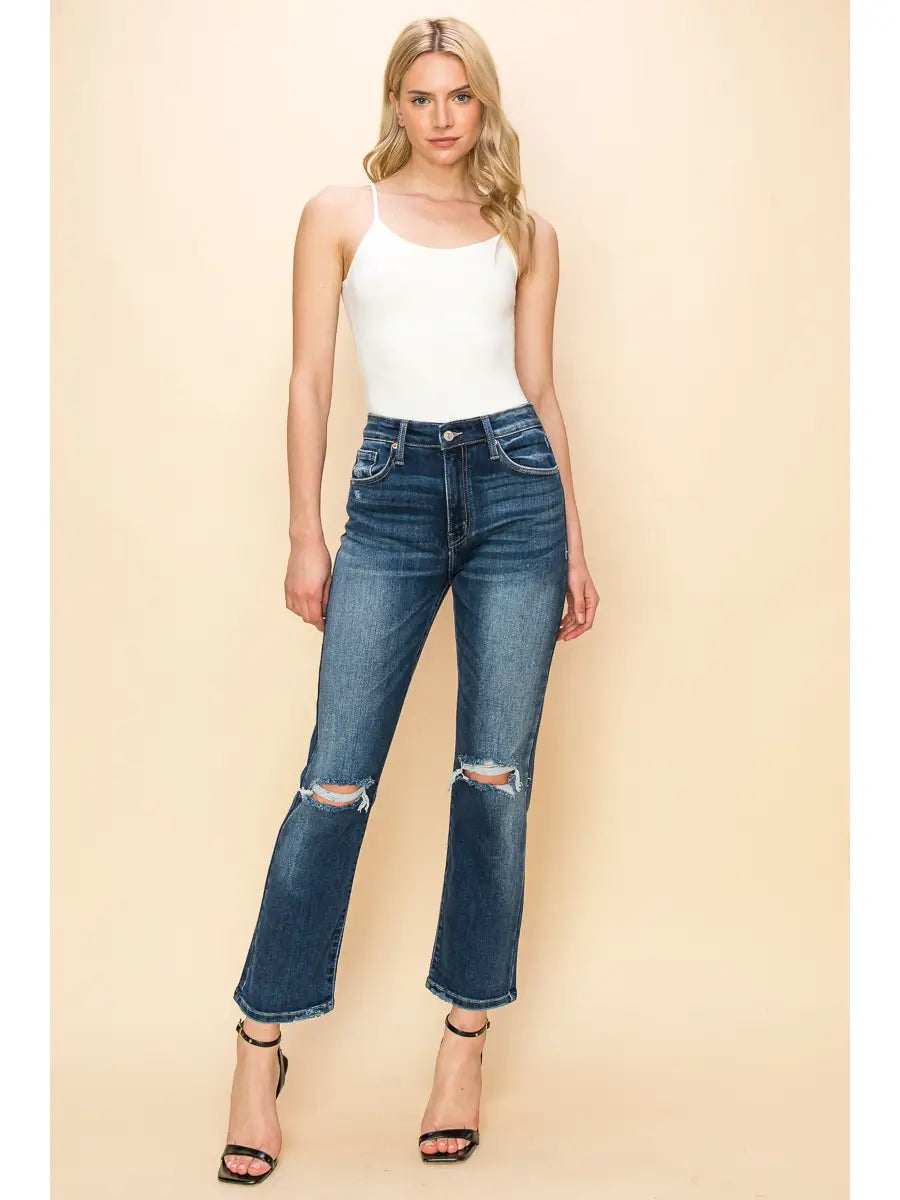 High Rise Stretch Distressed Ankle Straight Jeans – Dark Stone Wash