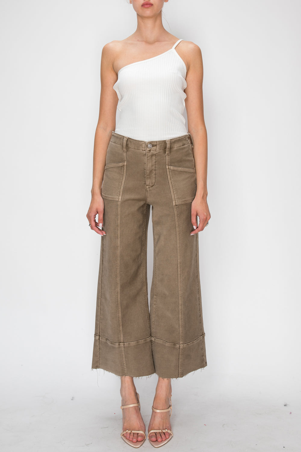 Artemis Vintage taupe high-rise slim crop palazzo jeans with a raw-edge hem; product view 5.