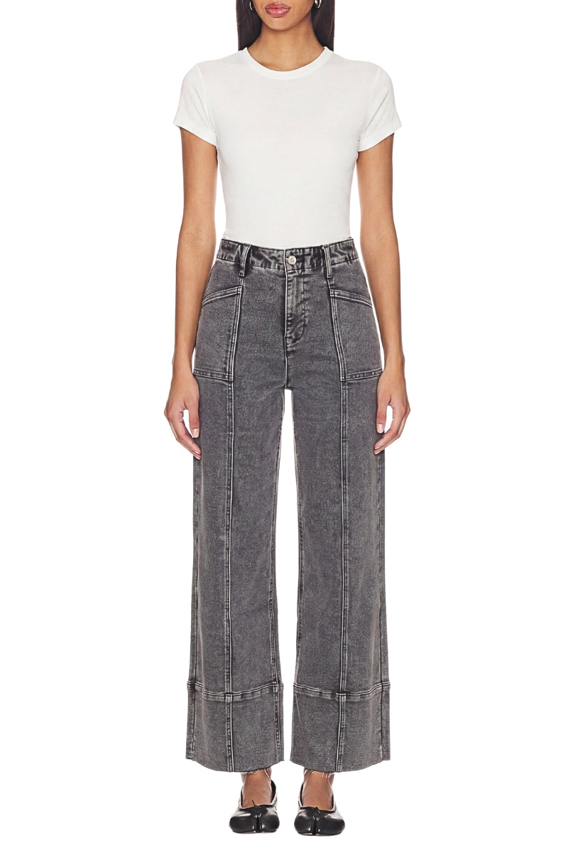 Artemis Vintage light-grey high-rise tummy-control palazzo jeans with a wide leg and raw-edge hem.