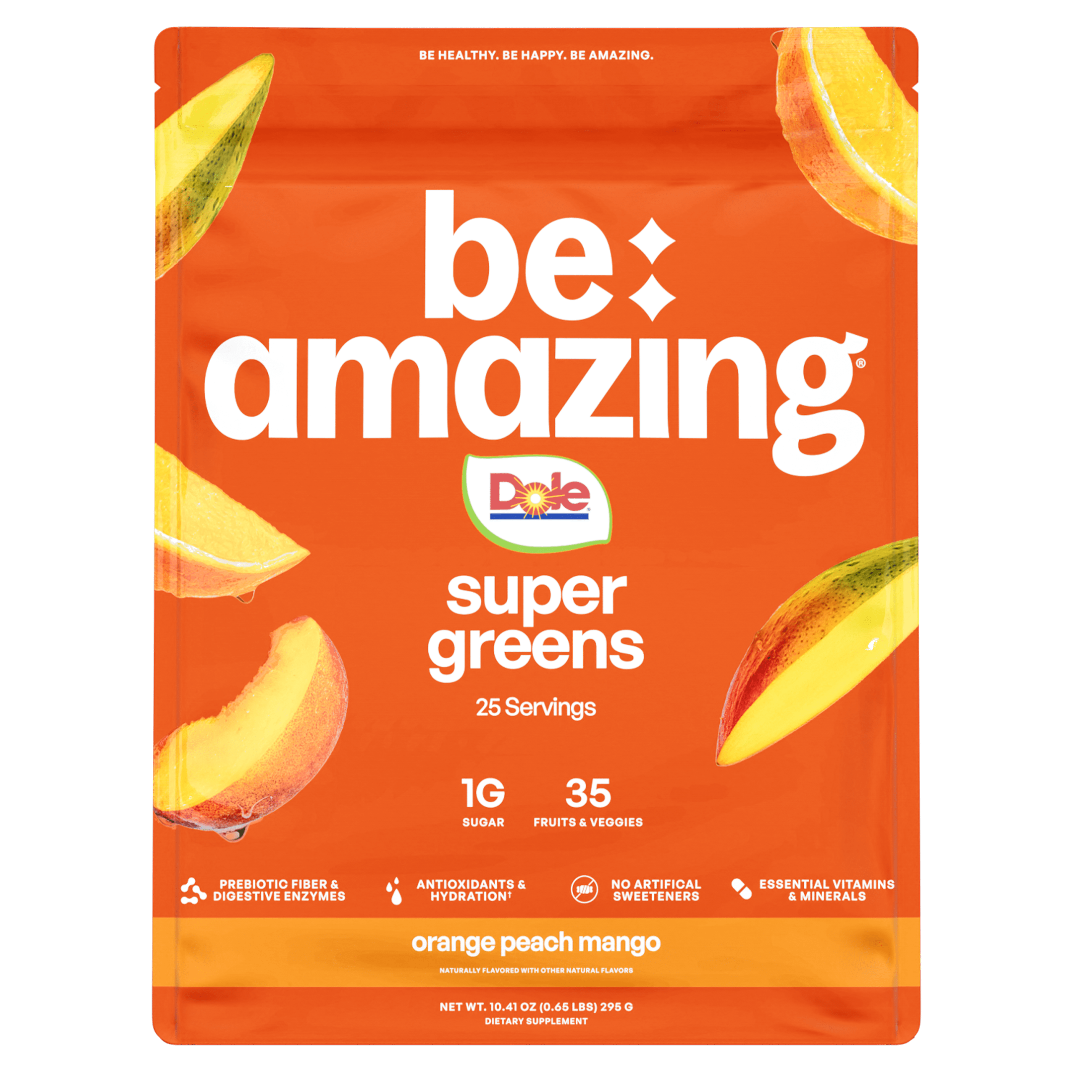 Be Amazing Super Greens powder supplement with 35 fruits and vegetables, prebiotic fiber, digestive enzymes, and coconut water.
