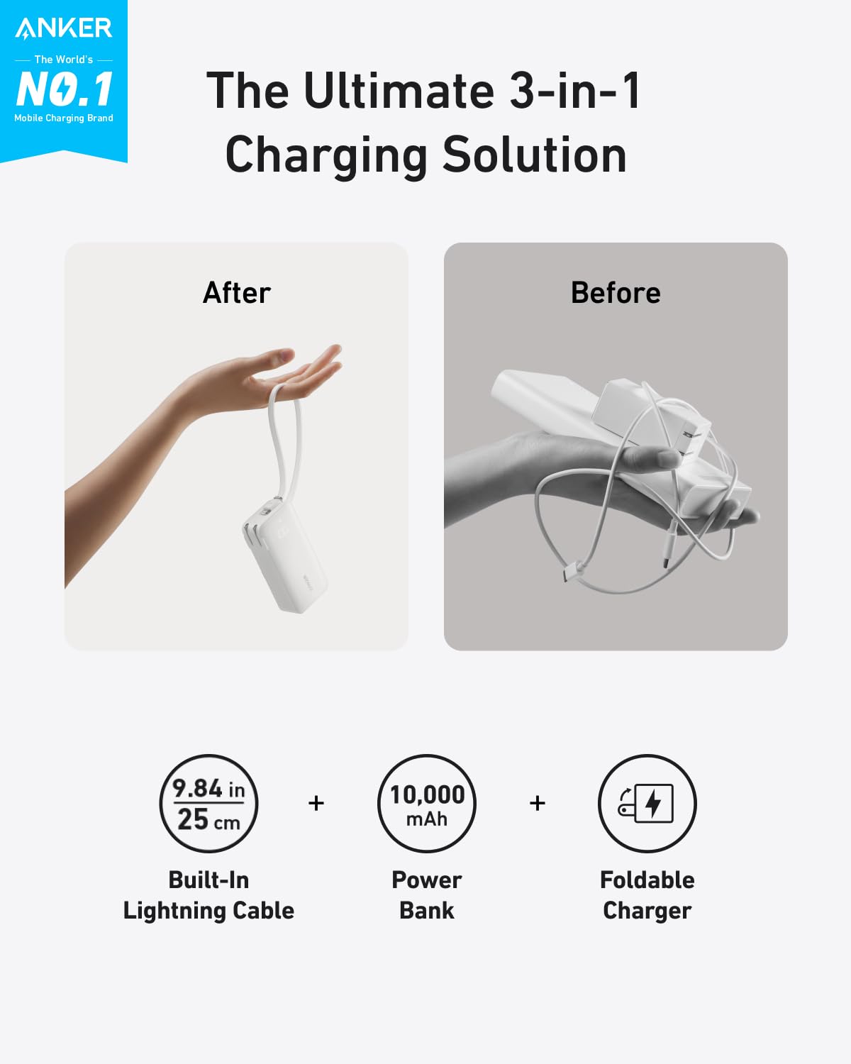 Batterie externe Anker (10K, Fusion, Câble intégré)