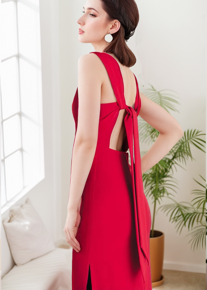 SelenaHuanStudio Red Bateau-Neck Satin Pencil Dress, product view 5.