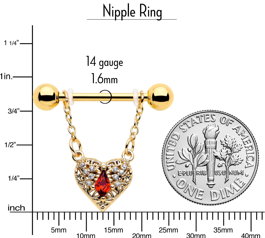 14G 9/16 Red CZ Gem Gold Tone Heart Queen Dangle Nipple Ring Set