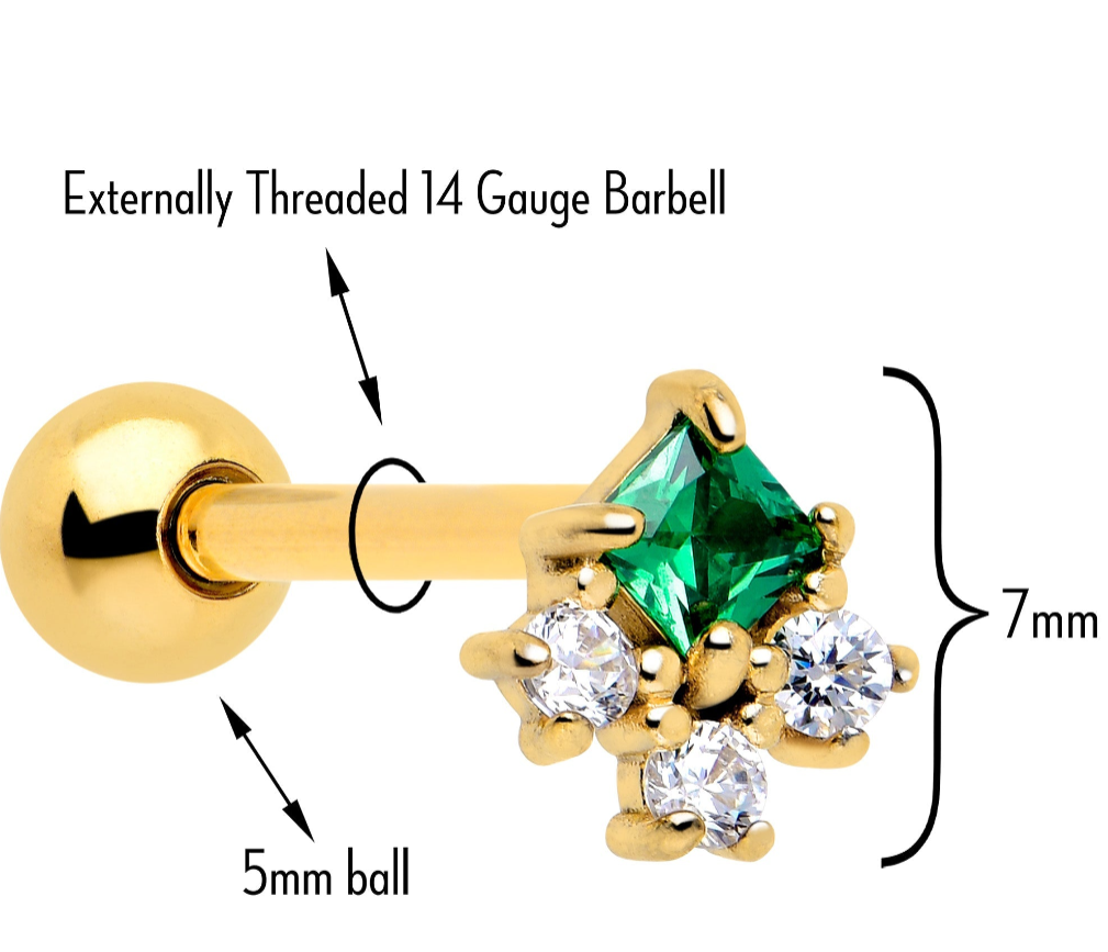 Green CZ Gem Gold Tone Rhombus Riot Barbell Tongue Ring