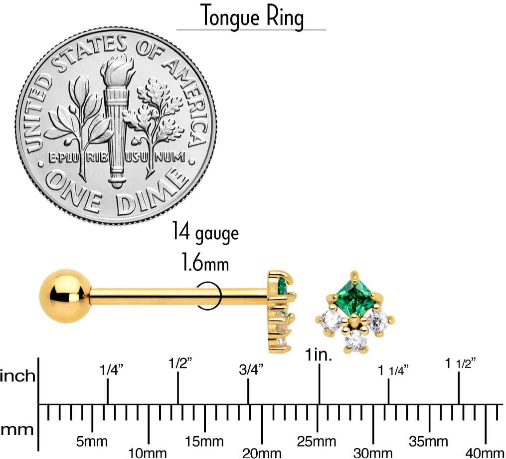 Green CZ Gem Gold Tone Rhombus Riot Barbell Tongue Ring