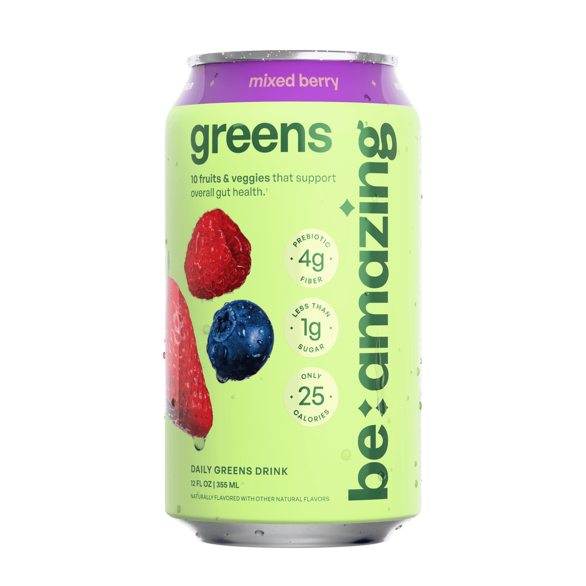 Can of Be Amazing Daily Greens Drink with 10 organic fruits and vegetables, 4 grams of prebiotic fiber, and six essential vitamins.