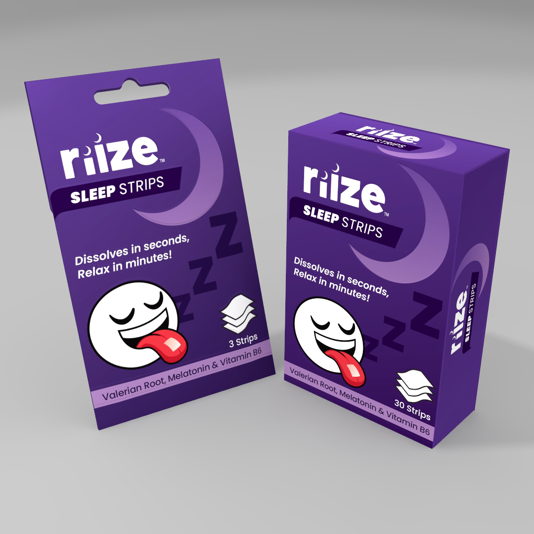 Riize Sleep dissolving oral strips for bedtime use, formulated with melatonin, valerian root extract, L-theanine, and vitamin B6.