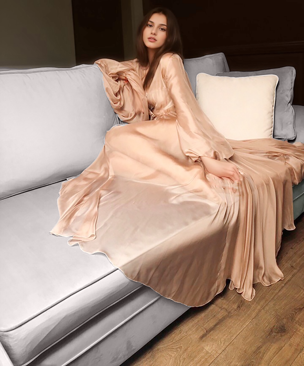SelenaHuanStudio Shimmering Crinkle Chiffon Long Robe, product view 4.
