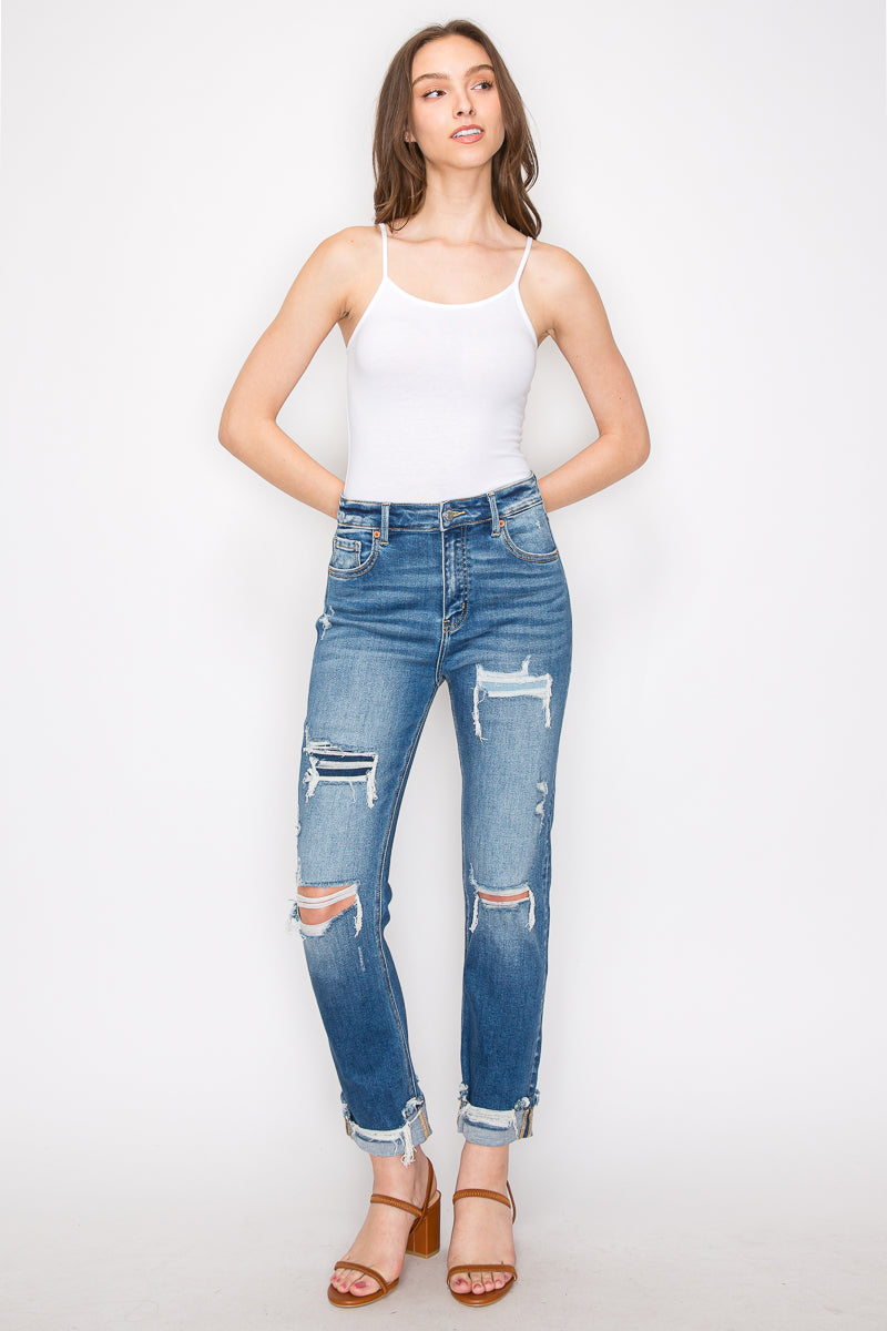Artemis Vintage high-rise straight jeans with mesh tummy control, knee distressing, and a single cuff.