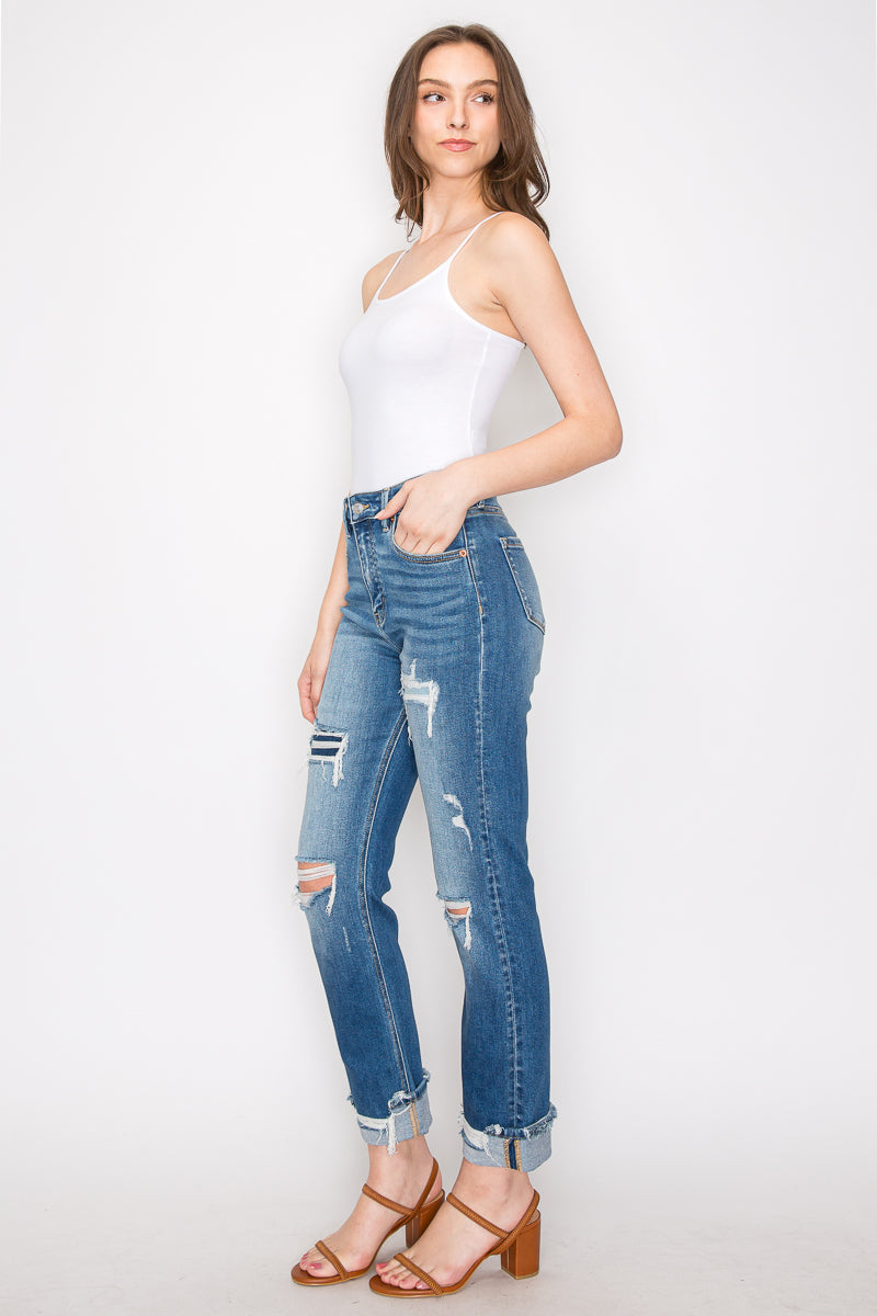 Artemis Vintage high-rise straight jeans with mesh tummy control, knee distressing, and a single cuff.