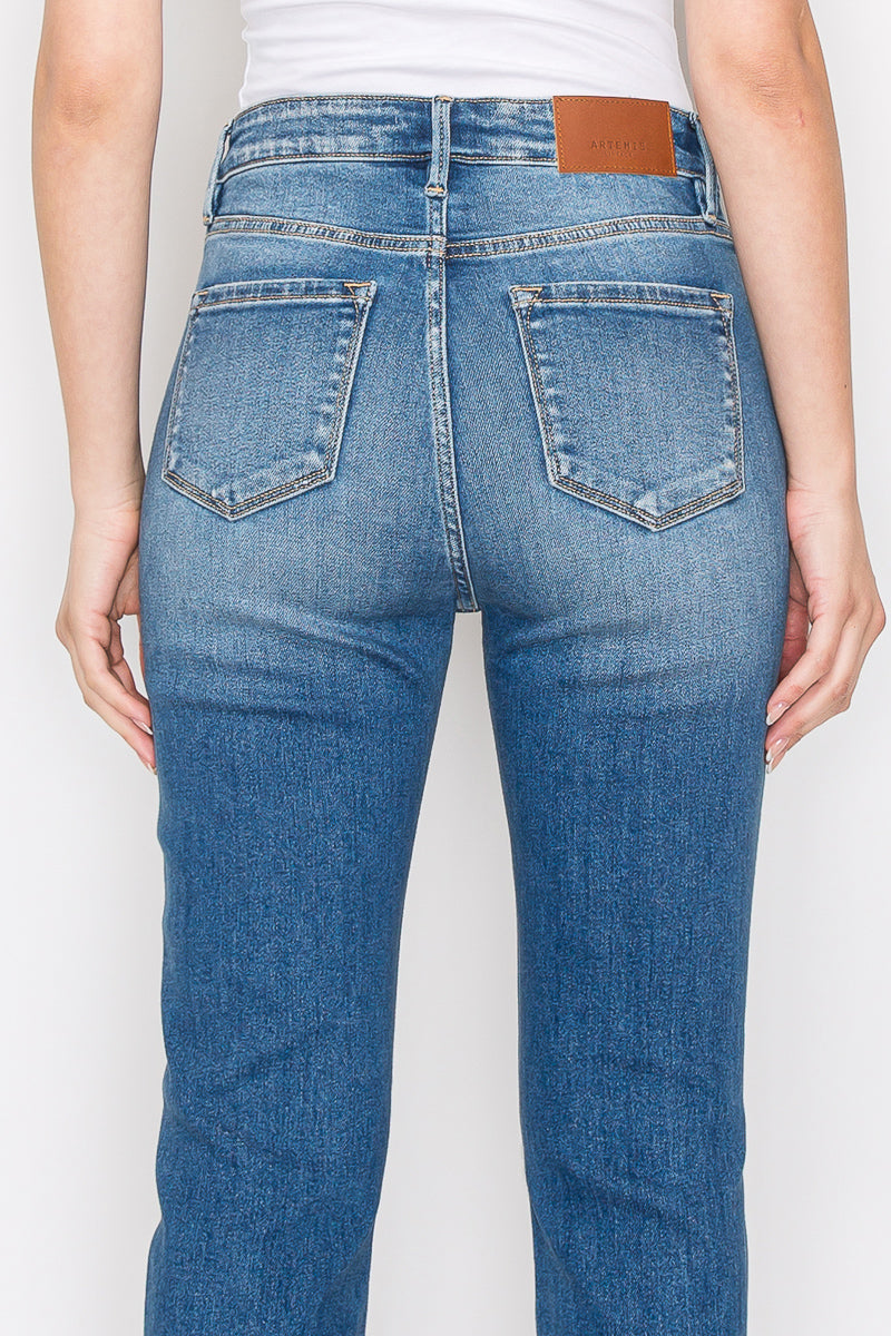 Artemis Vintage high-rise straight jeans with mesh tummy control, knee distressing, and a single cuff.