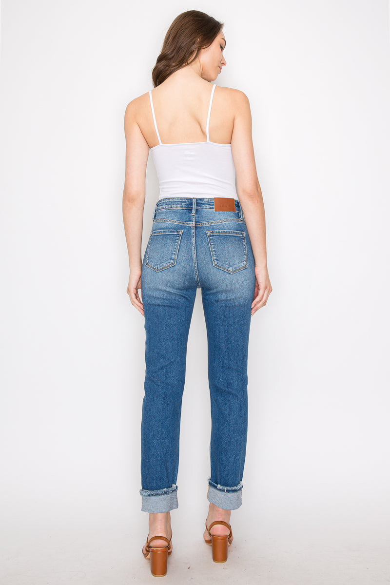 Artemis Vintage high-rise straight jeans with mesh tummy control, knee distressing, and a single cuff.