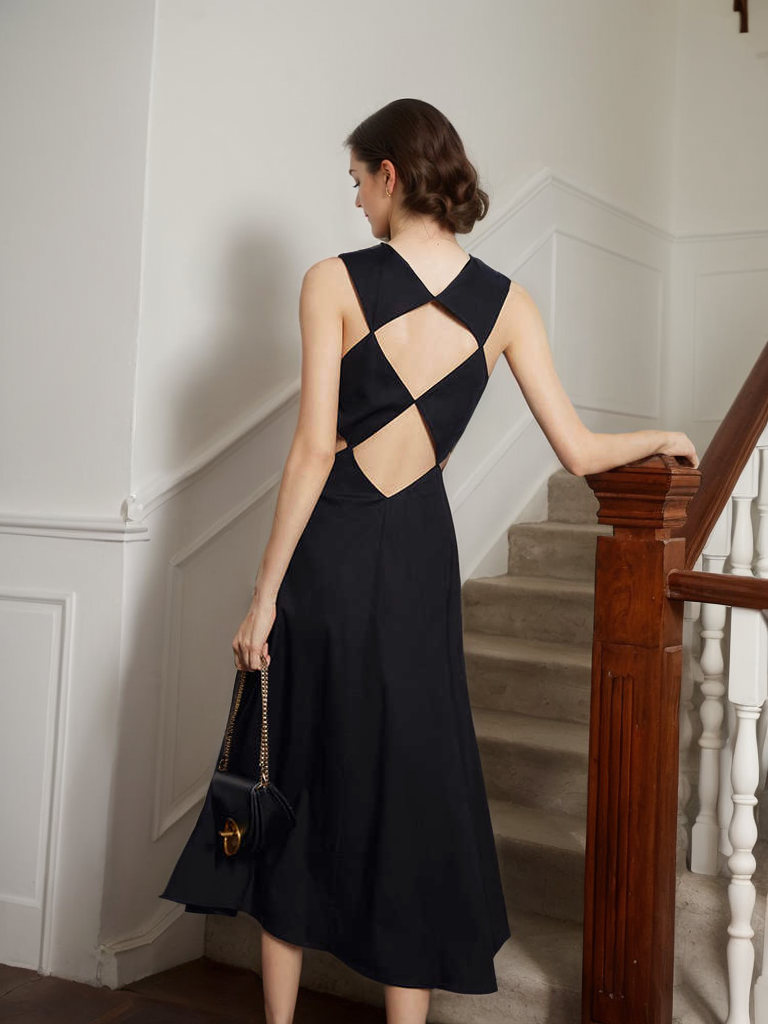 SelenaHuanStudio Backless Satin Cutout Midi Dress, product view 3.
