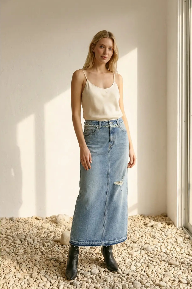 Livia Denim Maxi Skirt Frayed Waistband w/ Slit Detail by Artemis Vintage – product view 7