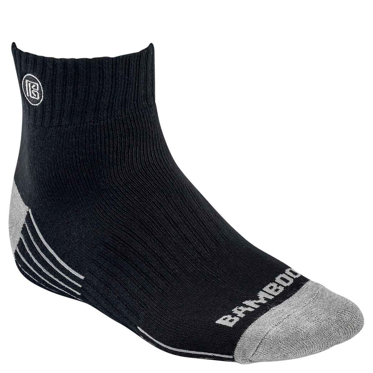 Bamboo Sports three-pair quarter-crew sock gift box in light gray, black, and heather gray