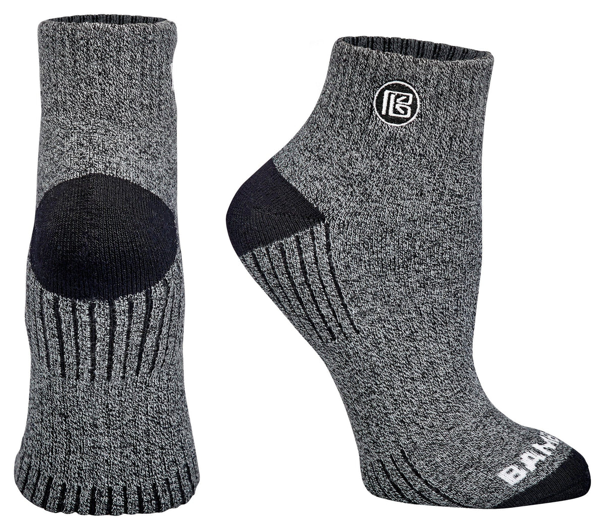 Bamboo Sports three-pair quarter-crew sock gift box in light gray, black, and heather gray
